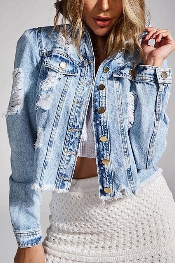 Cropped frayed fashion denim jacket